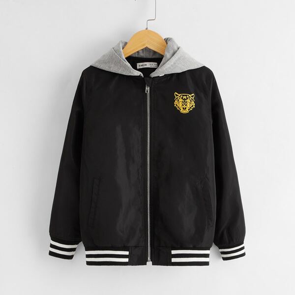 

Boys Contrast Striped Hem Tiger Print Hooded Jacket, Black