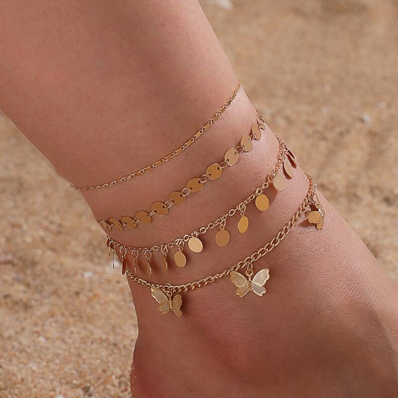 

4pcs Butterfly & Disc Tassel Anklet, Gold
