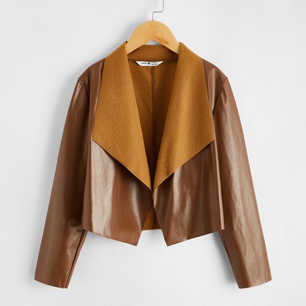 

Girls Waterfall Collar PU Leather Jacket, Brown
