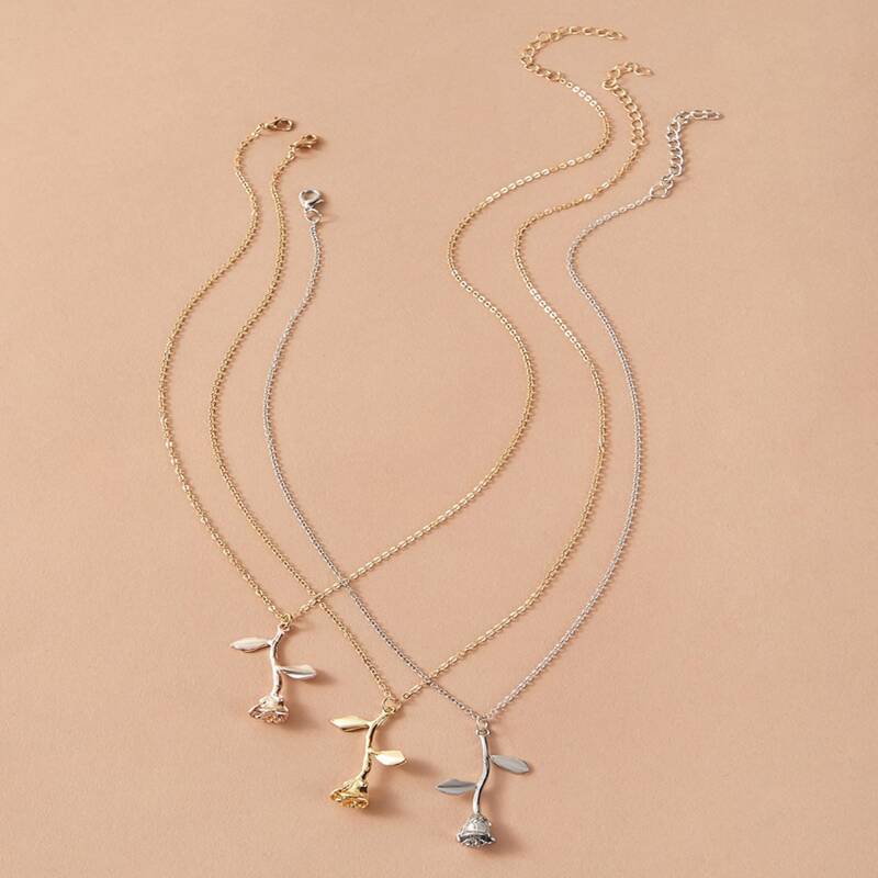 

3pcs Rose Pendant Necklace, Multicolor