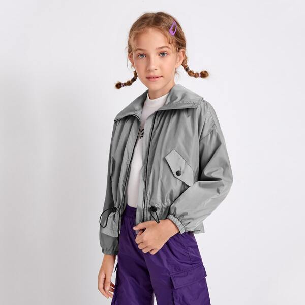 

Girls Drop Shoulder Drawstring Waist Wind Jacket, Grey