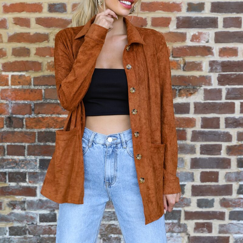 

Single Breasted Patch Pocket Suede Coat, Brown