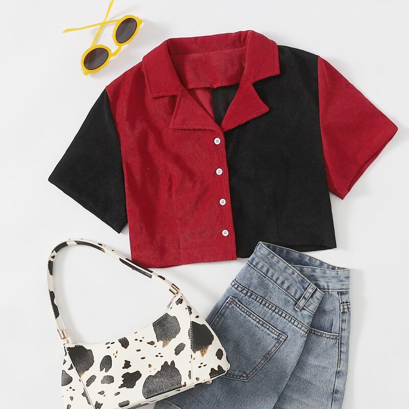

Colorblock Corduroy Crop Shirt, Multicolor