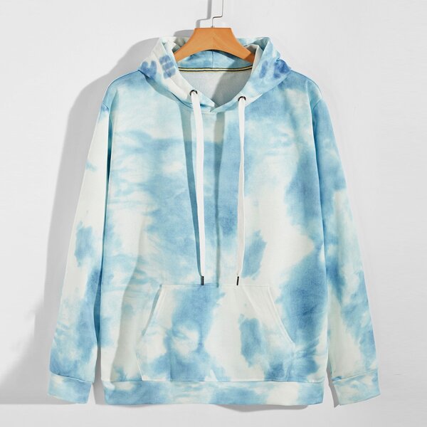 

Men Tie Dye Kangaroo Pocket Drawstring Hoodie, Blue and white