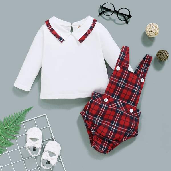 

Baby Girl Peter Pan Collar Tee & Tartan Pinafore Shorts, Red and white