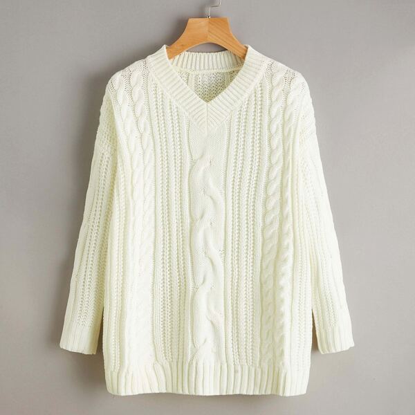 

Cable Knit V-neck Drop Shoulder Sweater, Beige