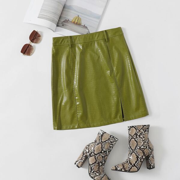 

Plus Split Hem Crocodile Pattern PU Leather Skirt, Olive green