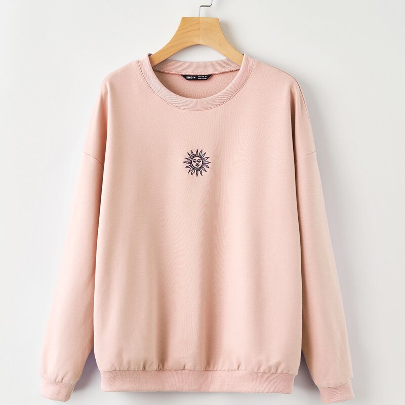

Sun Embroidery Drop Shoulder Oversized Sweatshirt, Baby pink