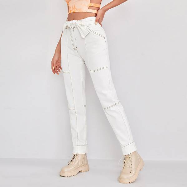 

High Waisted Belted Tapered Jeans, White