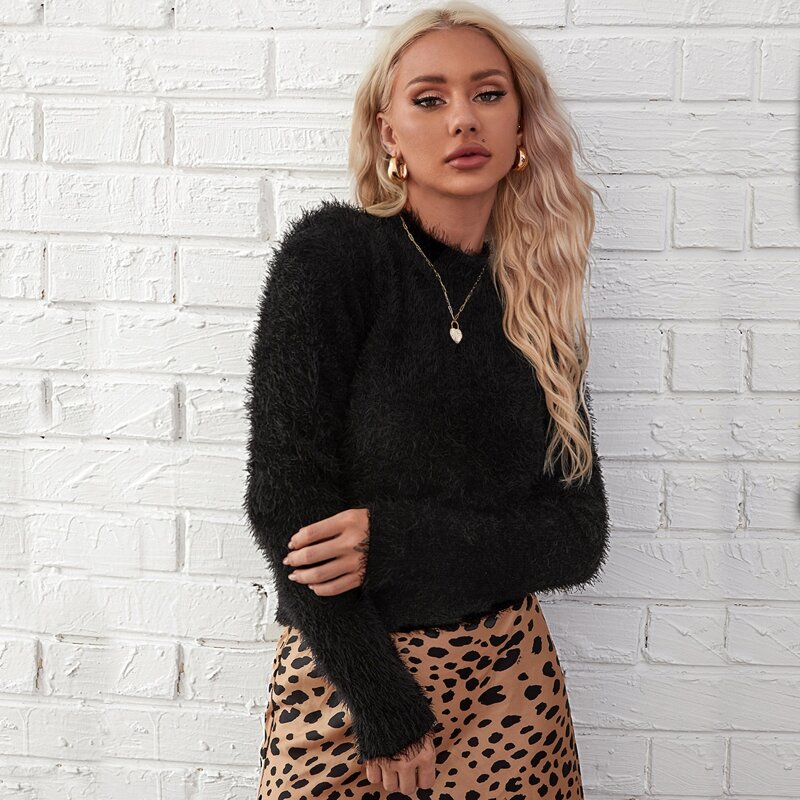 

Solid Fuzzy Sweater, Black