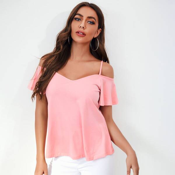 

Cold Shoulder Flounce Sleeve Top, Pastel baby pink