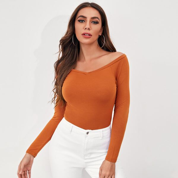 

Off Shoulder Solid Fitted Tee, Burnt orange