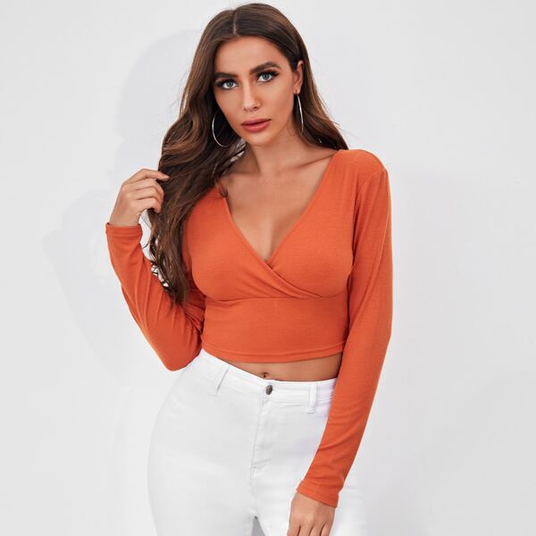 

Surplice Neck Rib-knit Crop Tee, Burnt orange