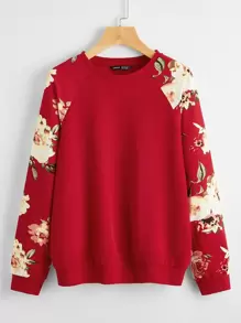 SHEIN LUNE 花卉圖案插肩袖套頭衫 - 紅色 - 查看 1