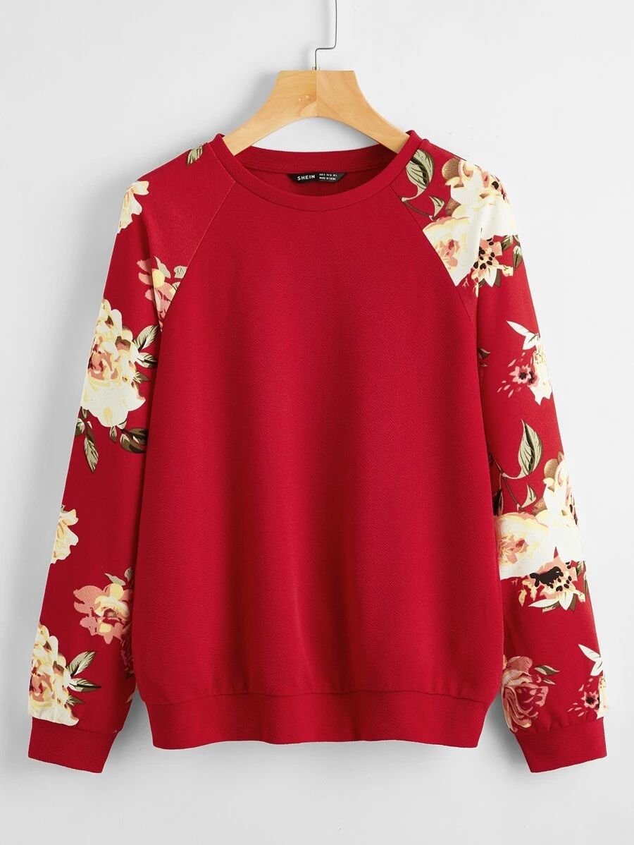 SHEIN LUNE 花卉圖案插肩袖套頭衫 - 紅色 - 查看 1