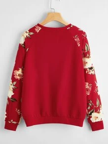 SHEIN LUNE 花卉圖案插肩袖套頭衫 - 紅色 - 查看 2