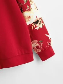 SHEIN LUNE 花卉圖案插肩袖套頭衫 - 紅色 - 查看 3