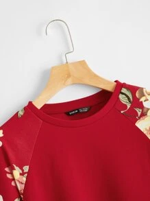 SHEIN LUNE 花卉圖案插肩袖套頭衫 - 紅色 - 查看 4