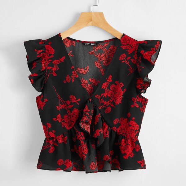 

V-neck Floral Print Ruffle Armhole Peplum Top, Black