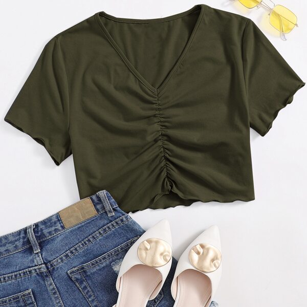 

V-neck Ruched Front Lettuce Edge Crop Top, Army green