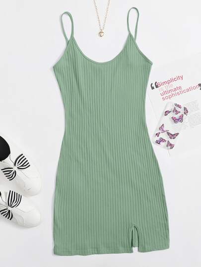 Split Hem Rib Knit Bodycon Dress