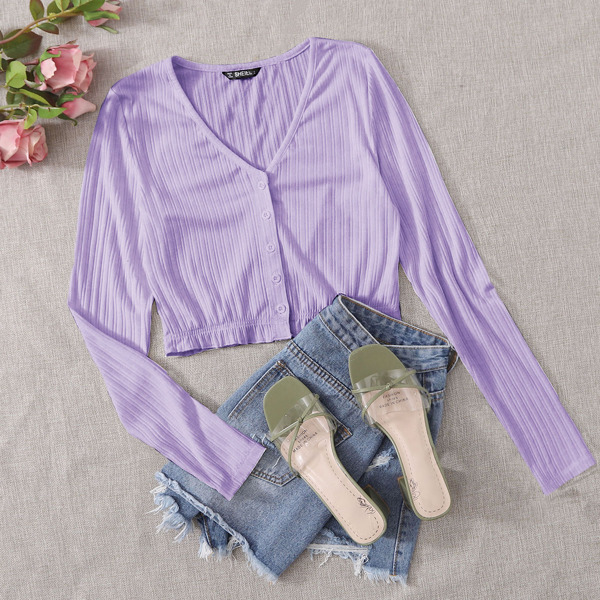 

Button Front Rib-knit Frill Hem Crop Tee, Pastel lilac purple