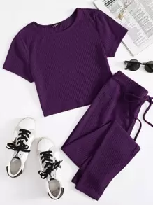 SHEIN EZwear Ribbed Cropped Tee & Drawstring Leggings Set - Purple - View 1