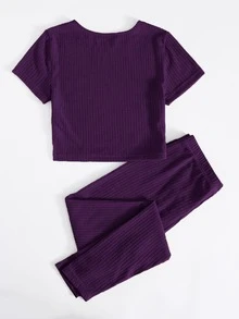SHEIN EZwear Ribbed Cropped Tee & Drawstring Leggings Set - Purple - View 2