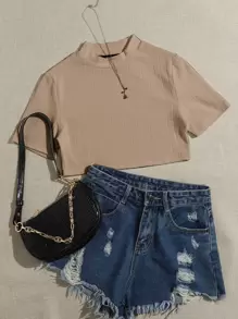 SHEIN 小高領羅紋針織短版上衣 - 卡其色 - 查看 1