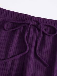 SHEIN EZwear Ribbed Cropped Tee & Drawstring Leggings Set - Purple - View 3