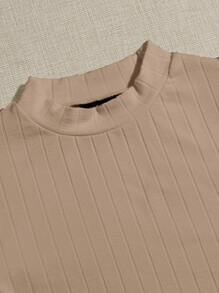 SHEIN 小高領羅紋針織短版上衣 - 卡其色 - 查看 3