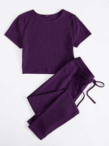 SHEIN EZwear Ribbed Cropped Tee & Drawstring Leggings Set - Purple - View 5