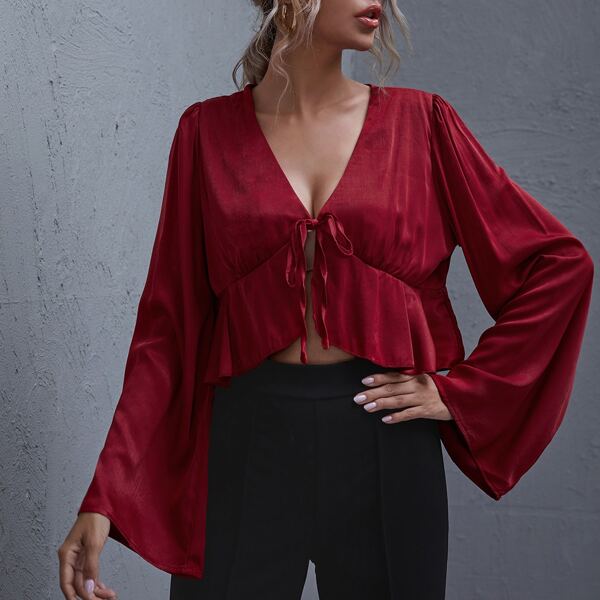 

Tie Front Ruffle Hem Top, Rose red