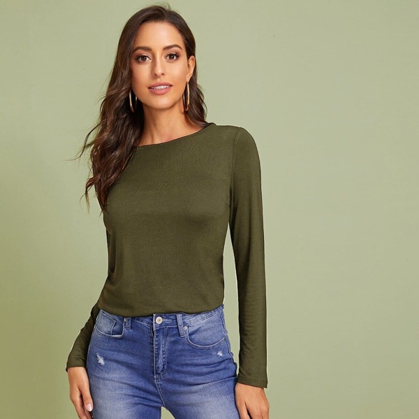 

Buttoned Back Detailing Curved Hem Tee, Army green