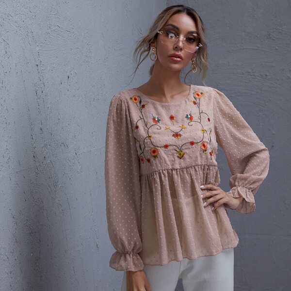 

Embroidered Flower Swiss Dot Peplum Top, Dusty pink