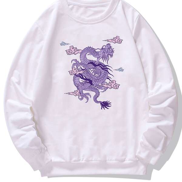

Men Chinese Dragon And Auspicious Clouds Print Sweatshirt, White