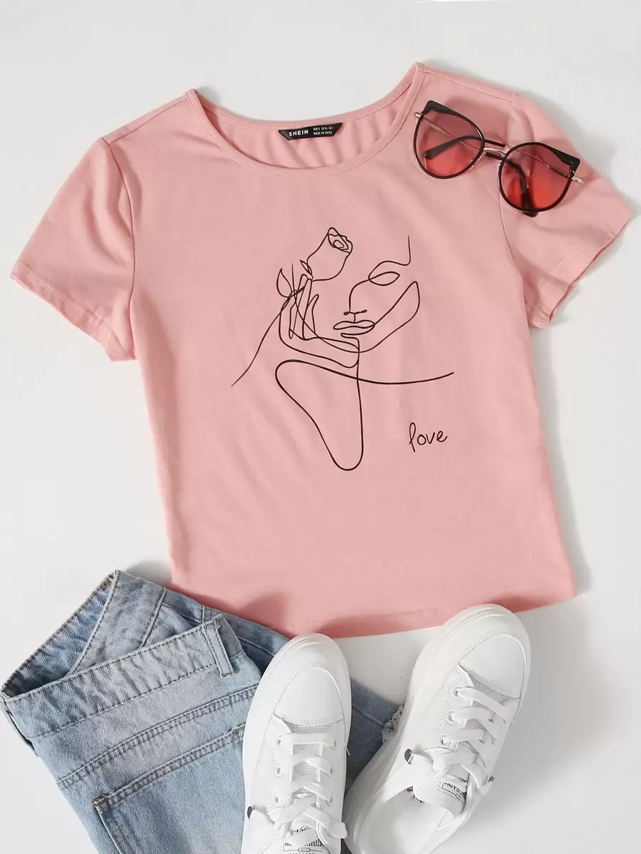 Muchica Letter and Figure Graphic Top - Dusty Pink - View 1
