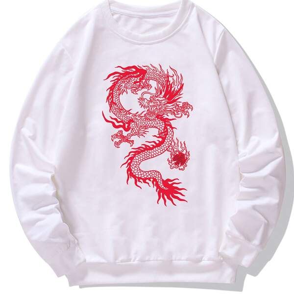 

Men Chinese Dragon Print Sweatshirt, White