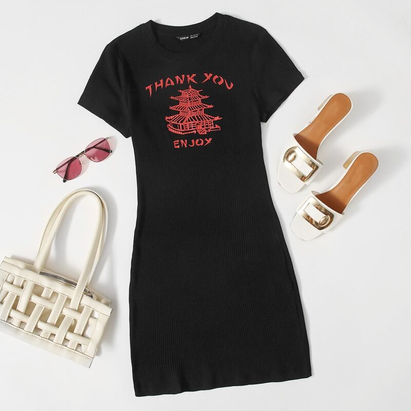 

Graphic & Slogan Graphic Rib-knit Bodycon Dress, Black