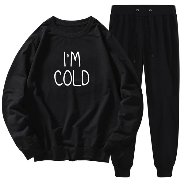 

Men Slogan Graphic Sweatshirt & Drawstring Sweatpants, Black