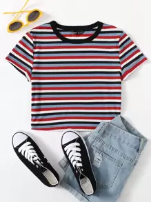 SHEIN EZwear 拼接衣領條紋羅紋針織上衣