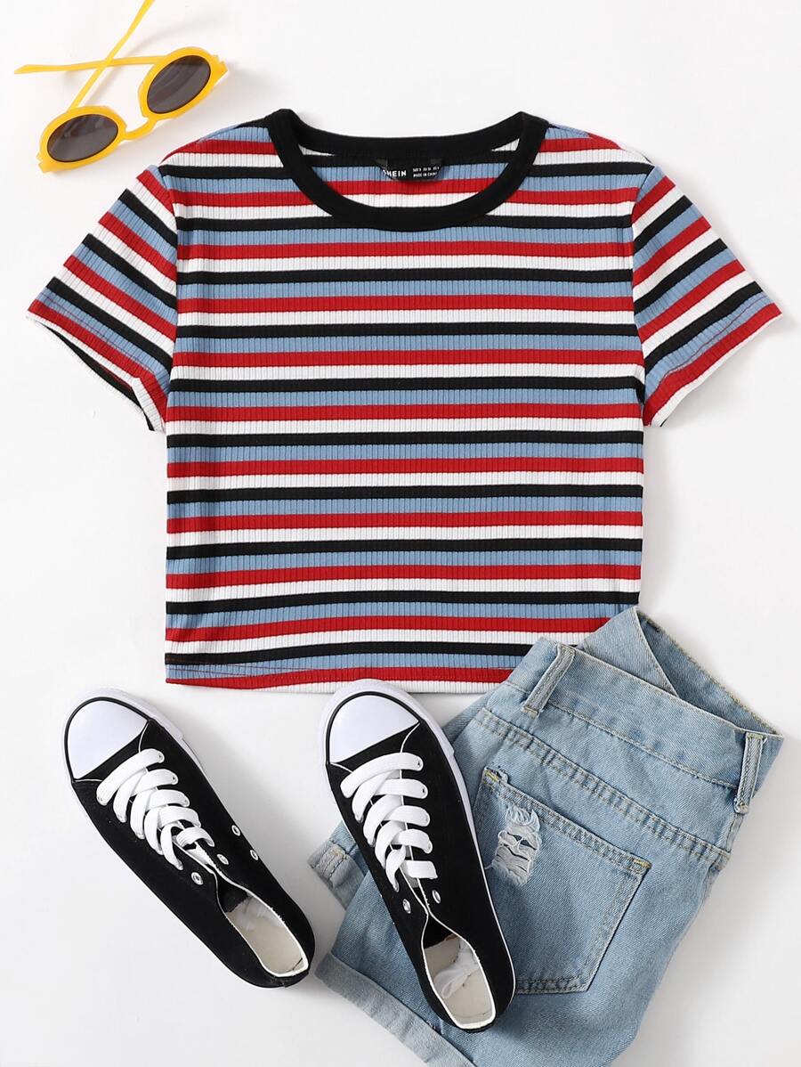 SHEIN EZwear 拼接衣領條紋羅紋針織上衣