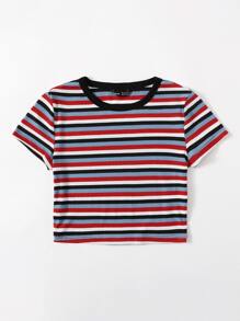 SHEIN EZwear 拼接衣領條紋羅紋針織上衣