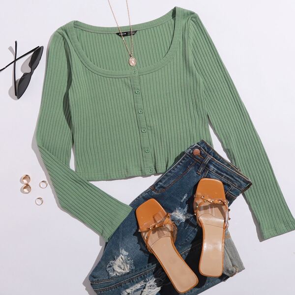 

Rib-knit Single Breasted Tee, Green