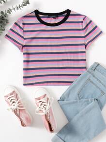 SHEIN Qutie Cap Sleeve Rib-knit Striped Tee - Multicolor - View 1