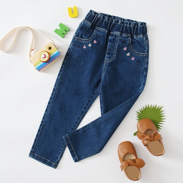 

Toddler Girls Embroidery Detail Jeans, Dark wash