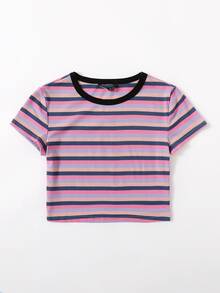 SHEIN Qutie Cap Sleeve Rib-knit Striped Tee - Multicolor - View 3