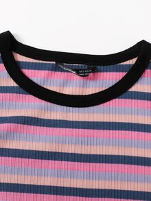 SHEIN Qutie Cap Sleeve Rib-knit Striped Tee - Multicolor - View 4