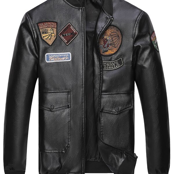 

Men PU Letter Patched Bomber Jacket, Black