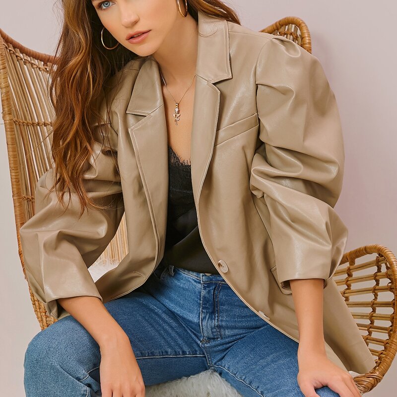 

Lapel Collar Puff Sleeve PU Blazer, Khaki